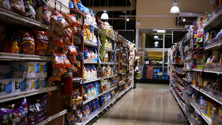 A supermarket snack aisle, used as an illustrative CPI background
